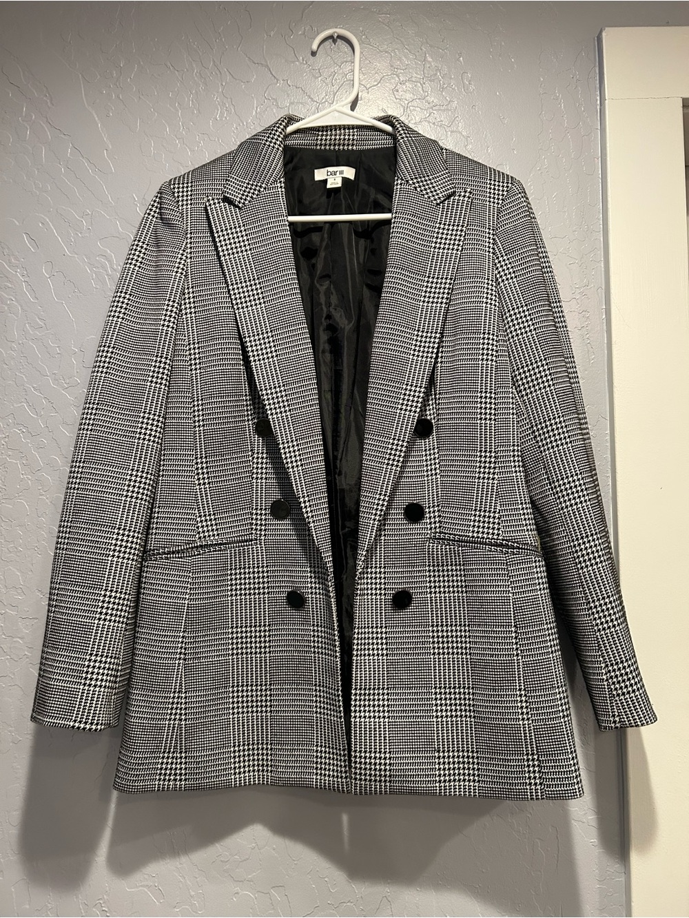 Bar III Black and White Glen Plaid Double-Breasted Blazer